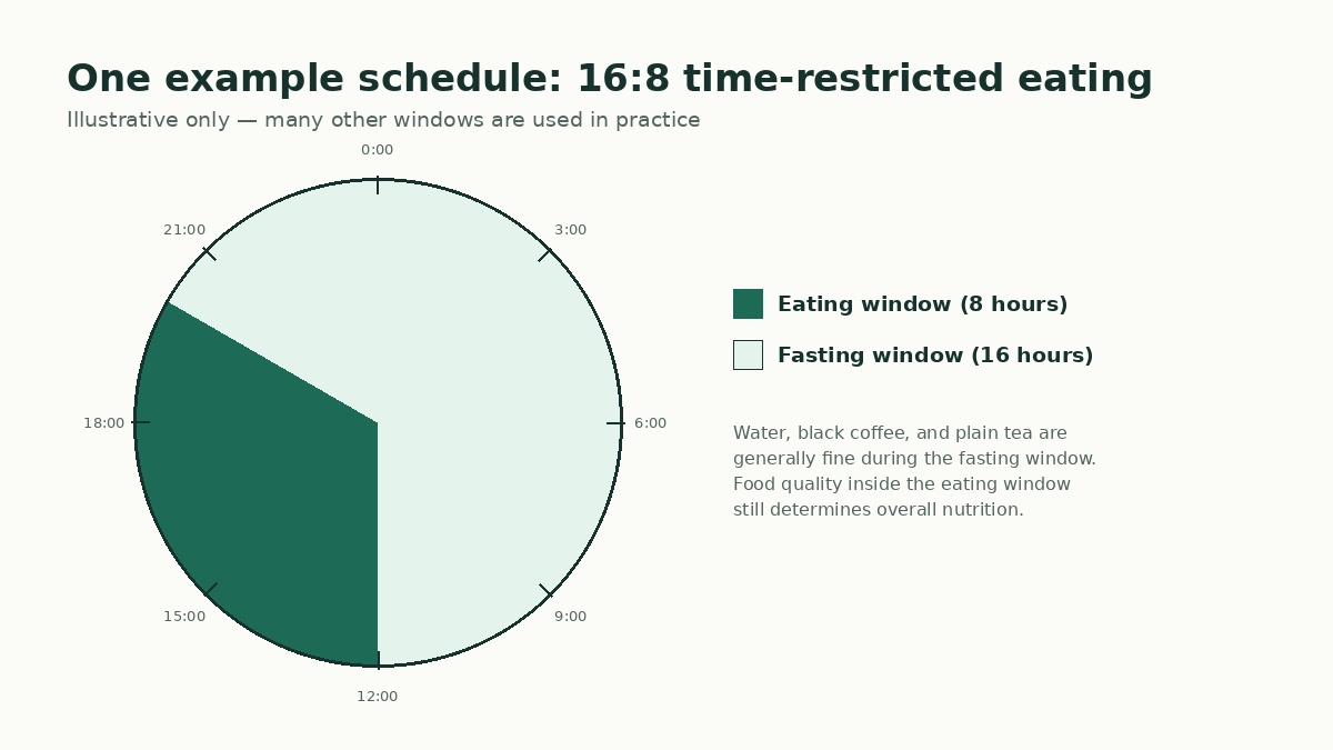 24-hour clock diagram illustrating a 16:8 time-restricted eating schedule with an 8-hour eating window and 16-hour fasting window