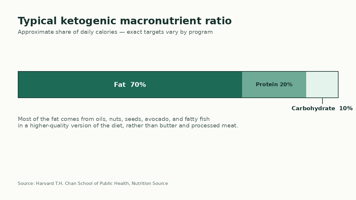 Bar chart showing a typical ketogenic macronutrient split of about 70% fat, 20% protein, and 10% carbohydrate